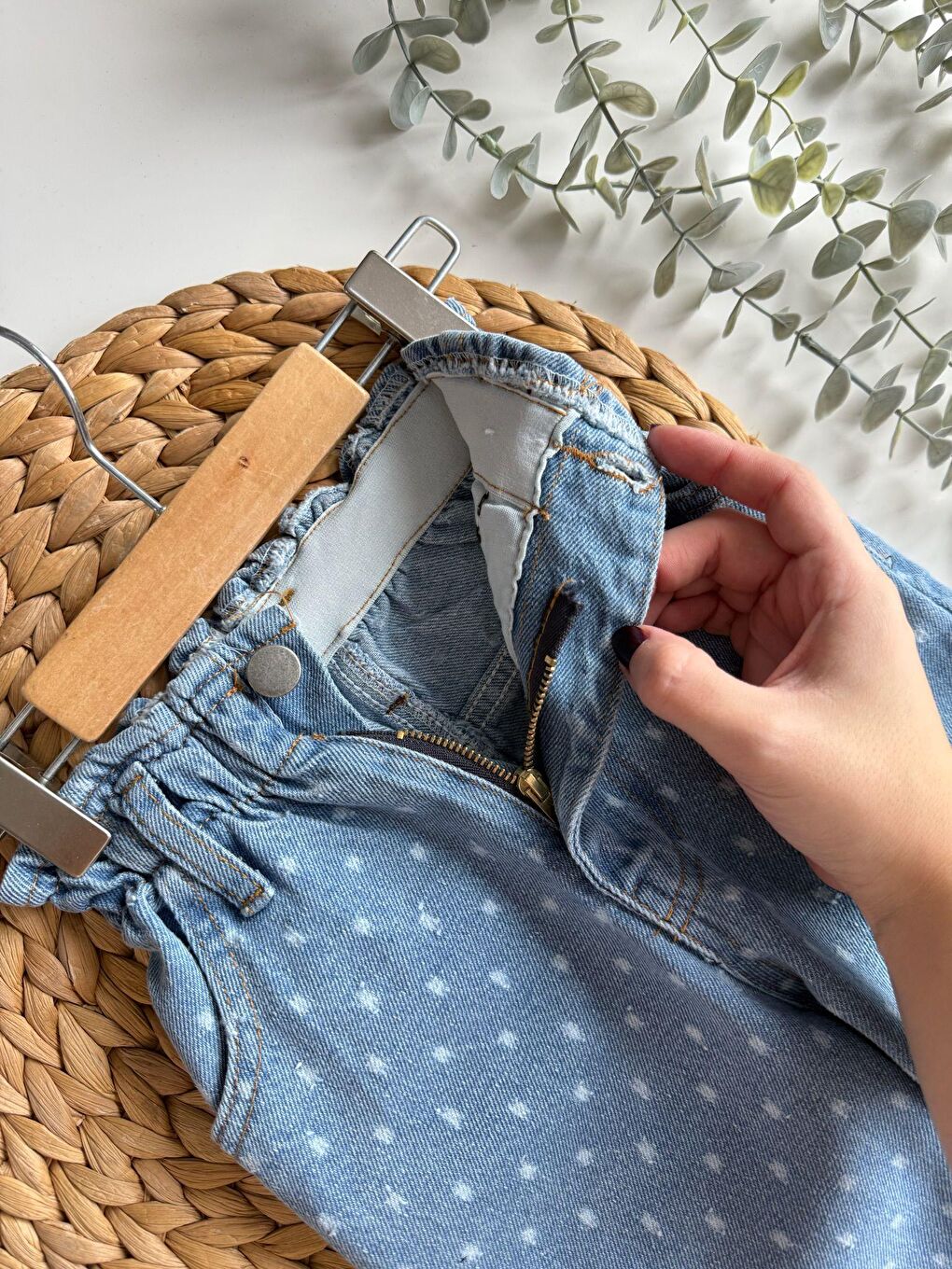Kız Çocuk Pamuklu Mavi Puantiye Desenli Denim Pantolon – Lastik Belli, Rahat Kesim-5