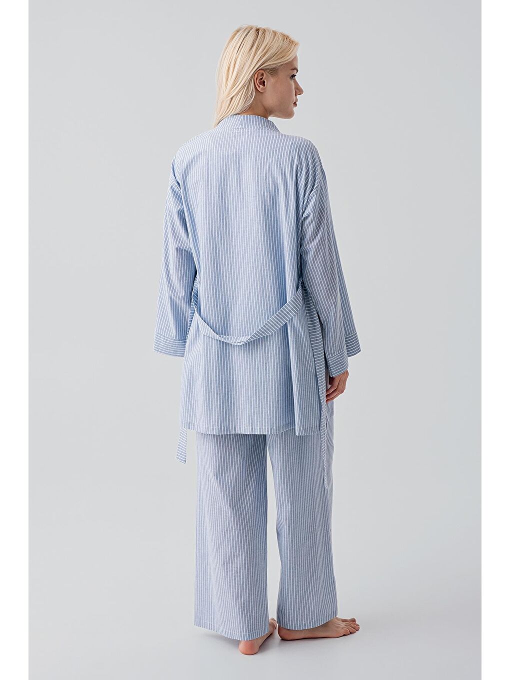 Mavi Kısa Kollu Çizgili Düğmeli Dokuma Pamuklu Esnek Viskoz Hamile Sabahlık Pijama Takım 19308-8