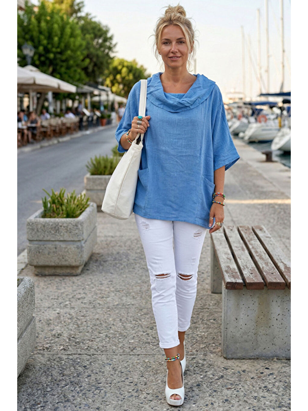 Mavi Şal Yaka Kısa Kol Çift Cepli Casual Keten Görünümlü Geniş Kesim Dokuma Bluz 65 83-3