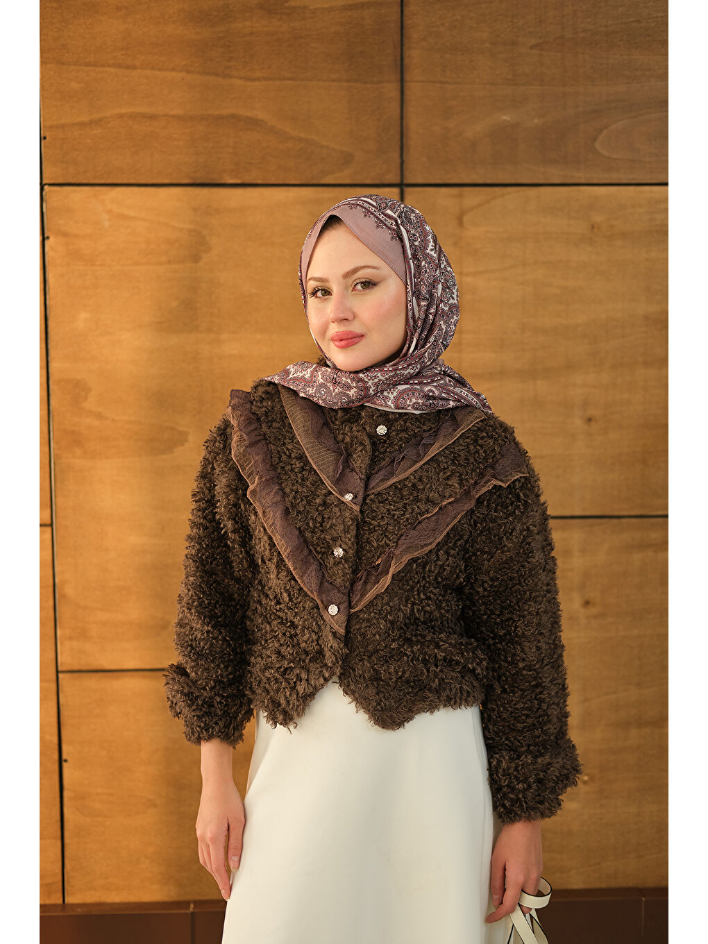 Kadın Dantelli V Kat Hırka Kahverengi-1