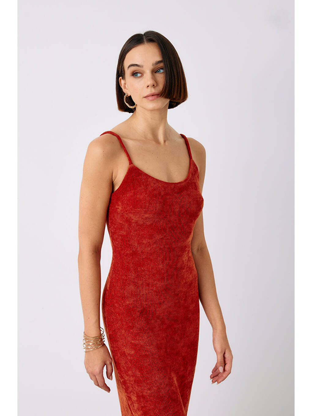 Kahverengi Askılı Kadife Midi Elbise - Kiremit-3