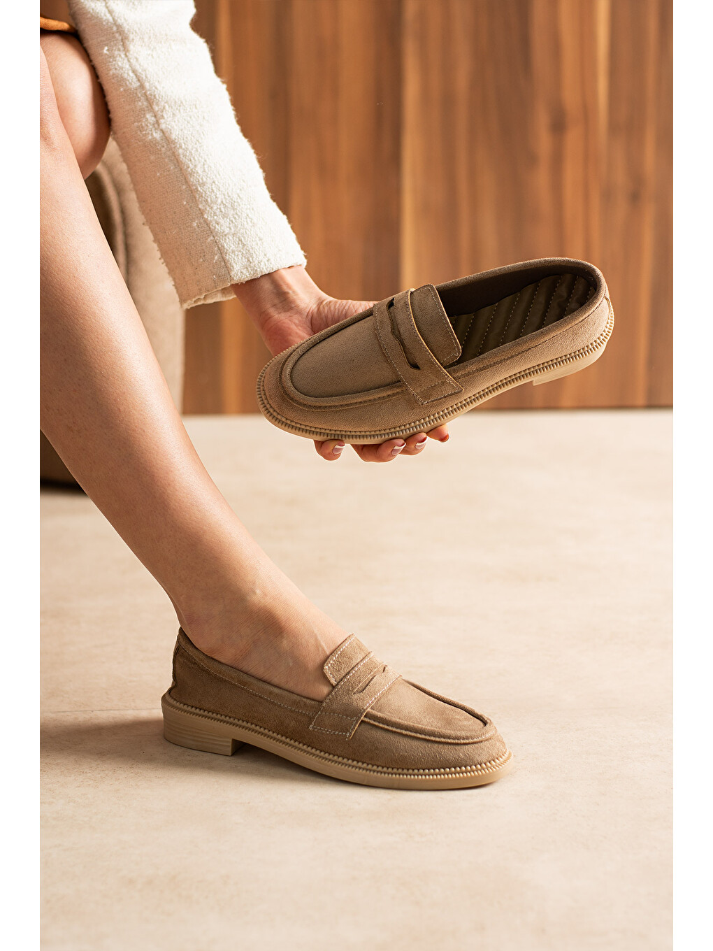 Bej Marlena Kadın Günlük Süet Loafer Ayakkabı-6