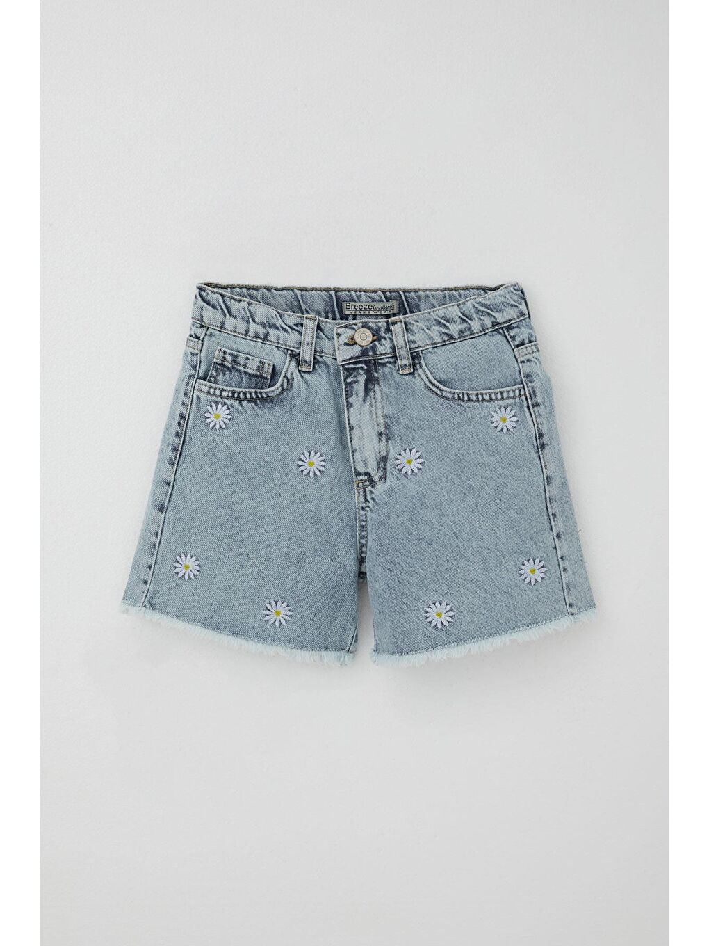 Kız Çocuk Şort Jean Papatya Nakışlı Paçası Püskül Detaylı Açık Mavi (10-14 Yaş)