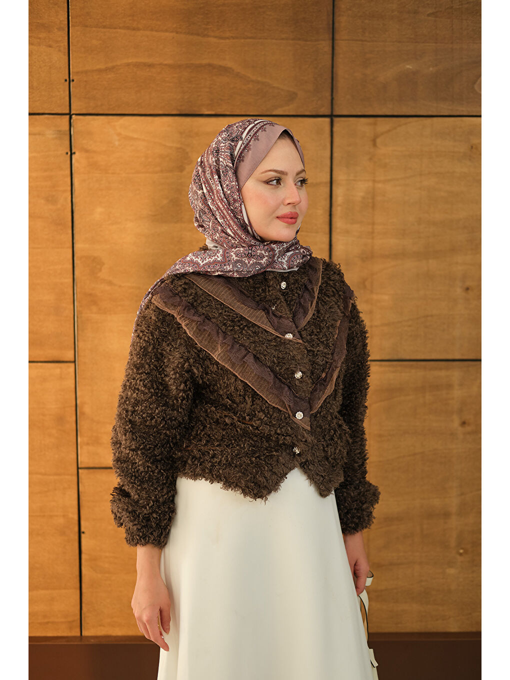 Kadın Dantelli V Kat Hırka Kahverengi-2