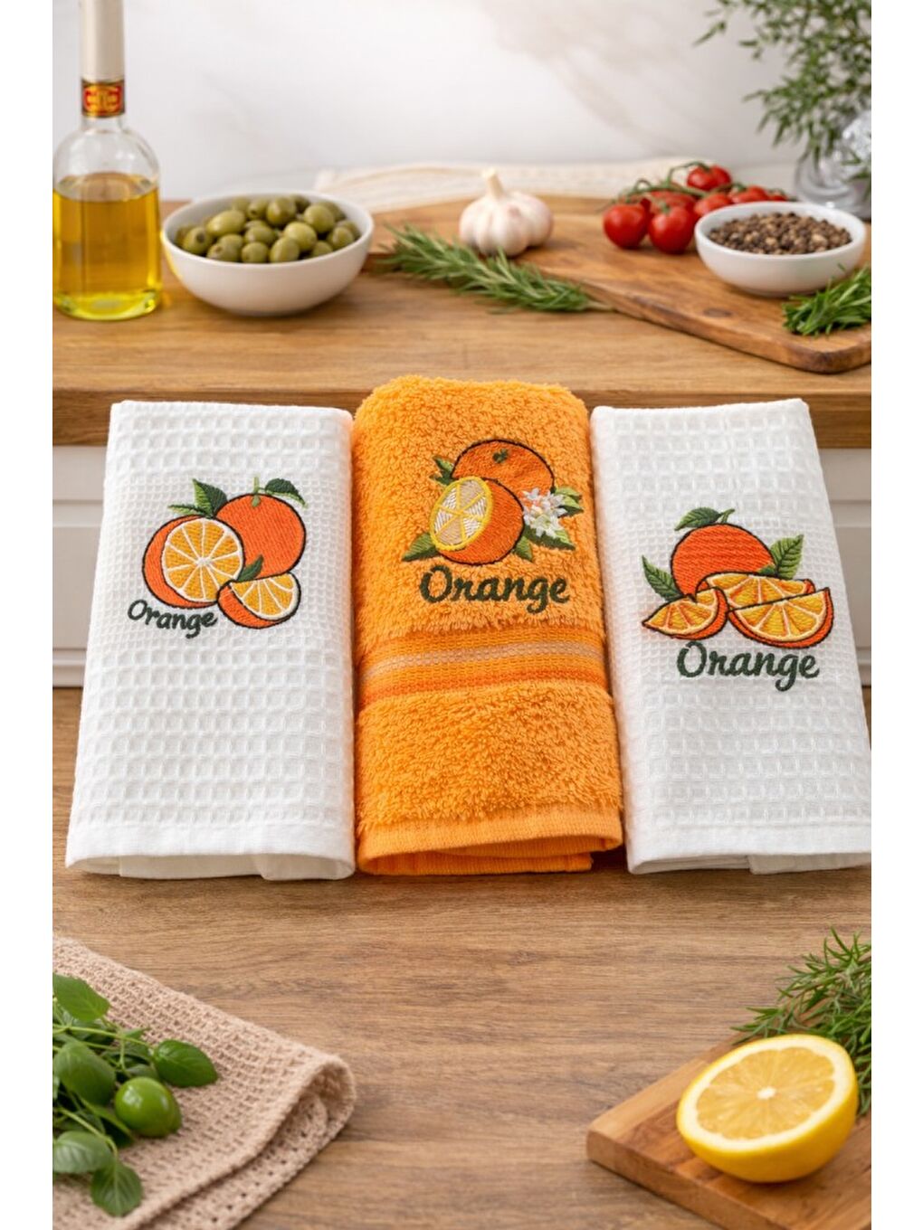 Turuncu 3’lü Nakışlı Waffle Mutfak Havlusu 40x60 cm
