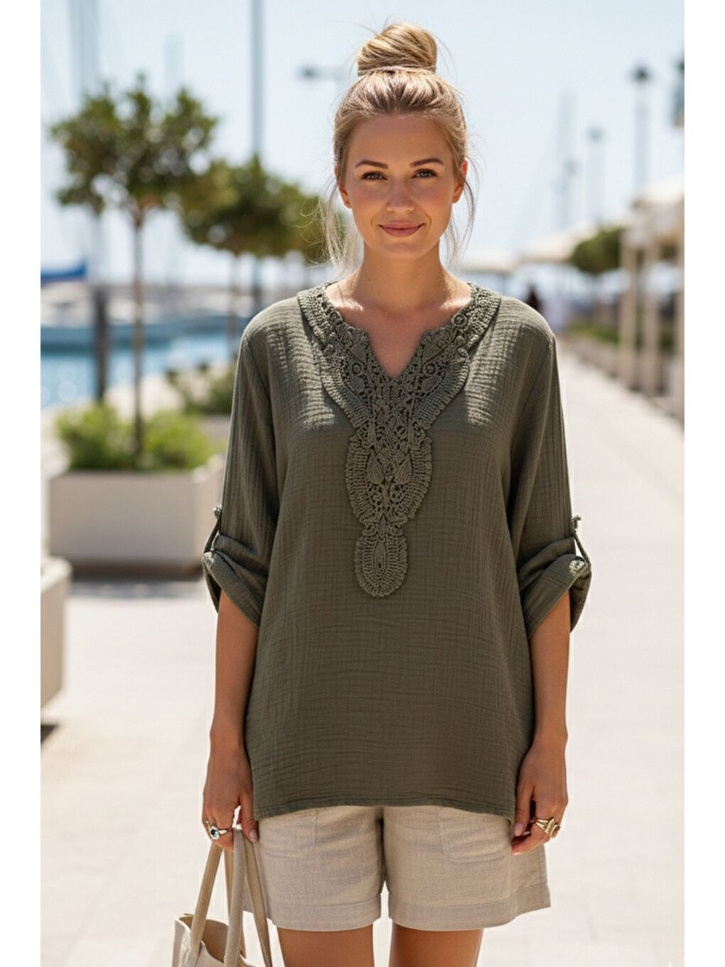 Haki Dantel Yaka Düğmeli 3/4 Kol Yıkamalı Casual Müslin Salaş Dokuma Bluz 74 65-1