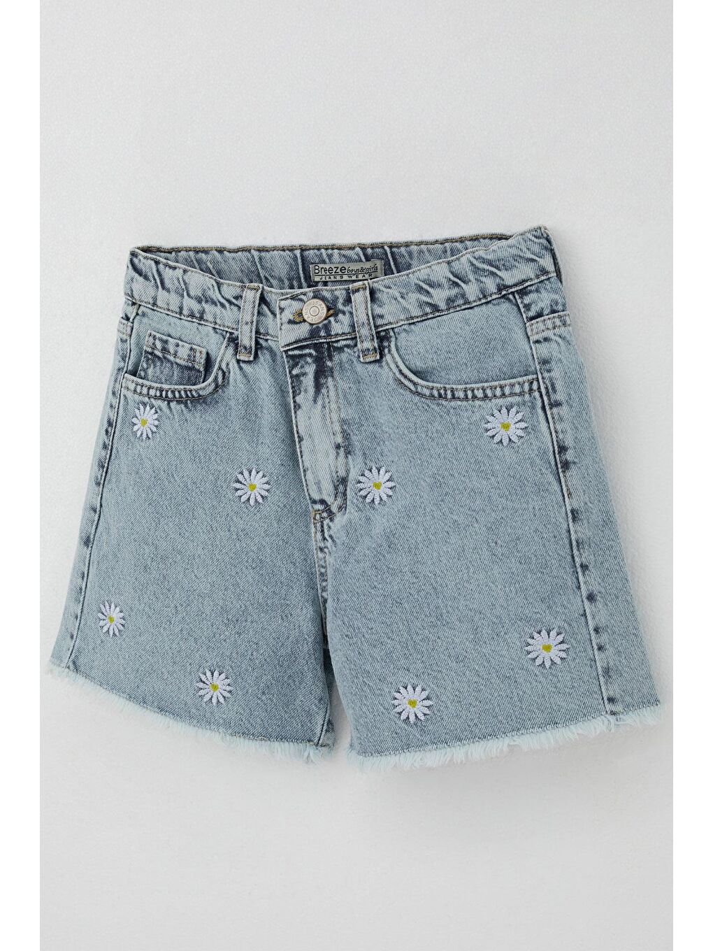 Kız Çocuk Şort Jean Papatya Nakışlı Paçası Püskül Detaylı Açık Mavi (10-14 Yaş)-2