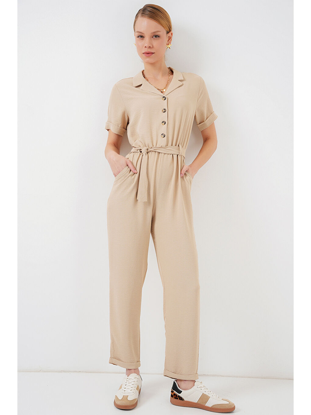 Ekru Kadın Kısa Kol Ayrobin Tulum 7030 - Krem