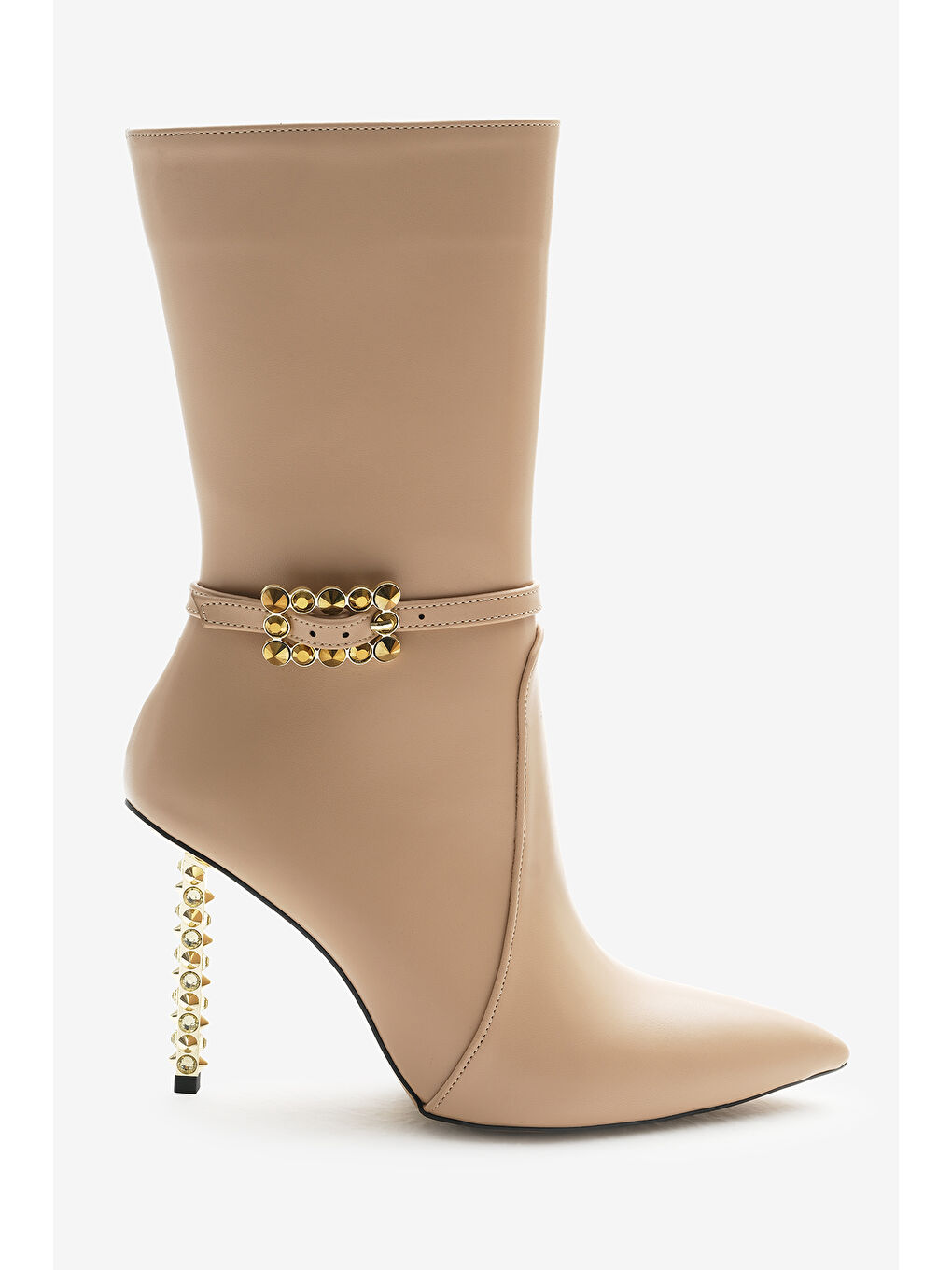 Bej Kadın Vizon Neolit Taban Tokalı Sivri Burunlu Yüksek Topuklu Bot-1