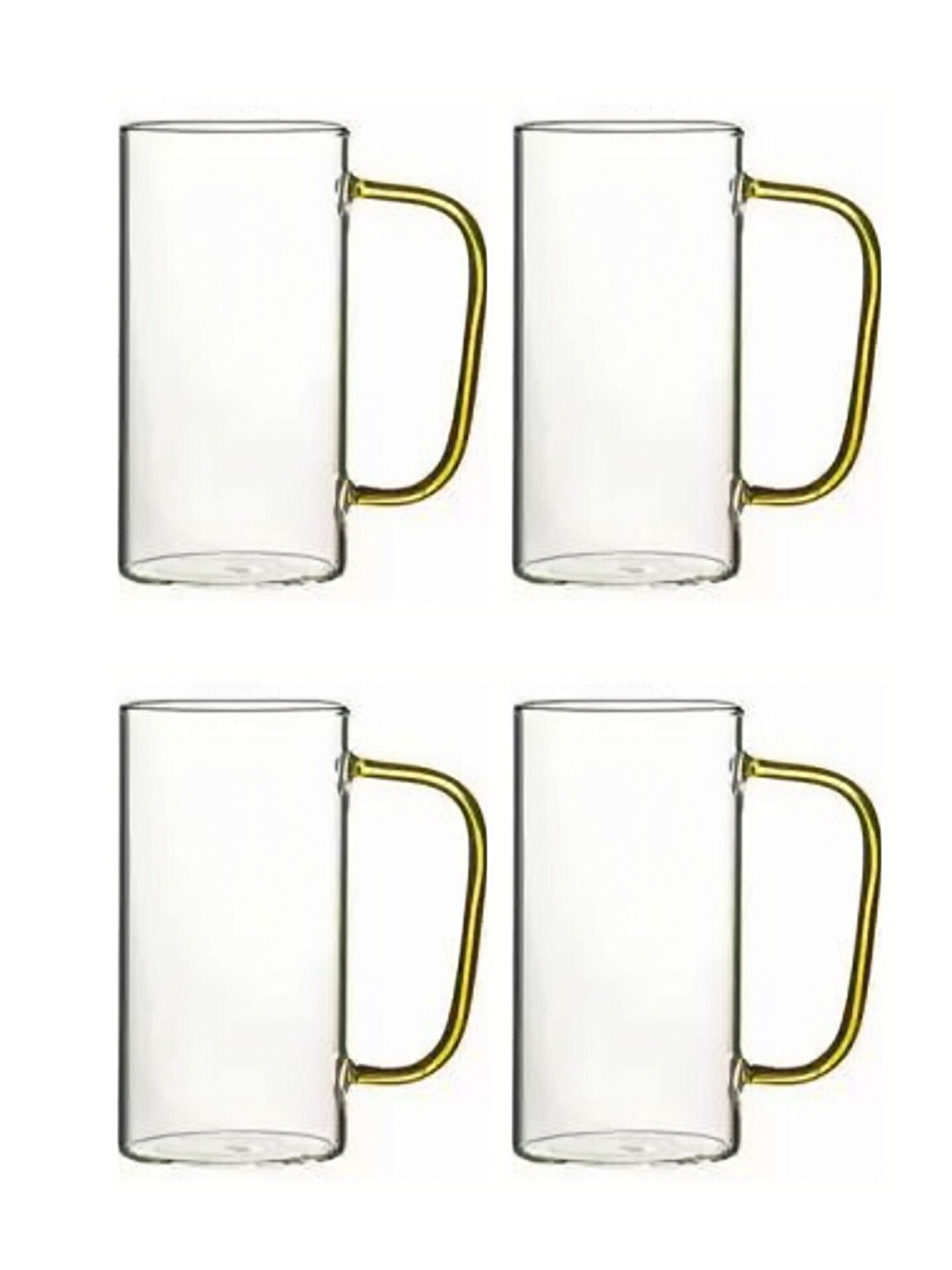 Renksiz Sarı Renkli Borosilikat Cam Yuvarlak Kulplu Kupa 400 ml 4 Adet