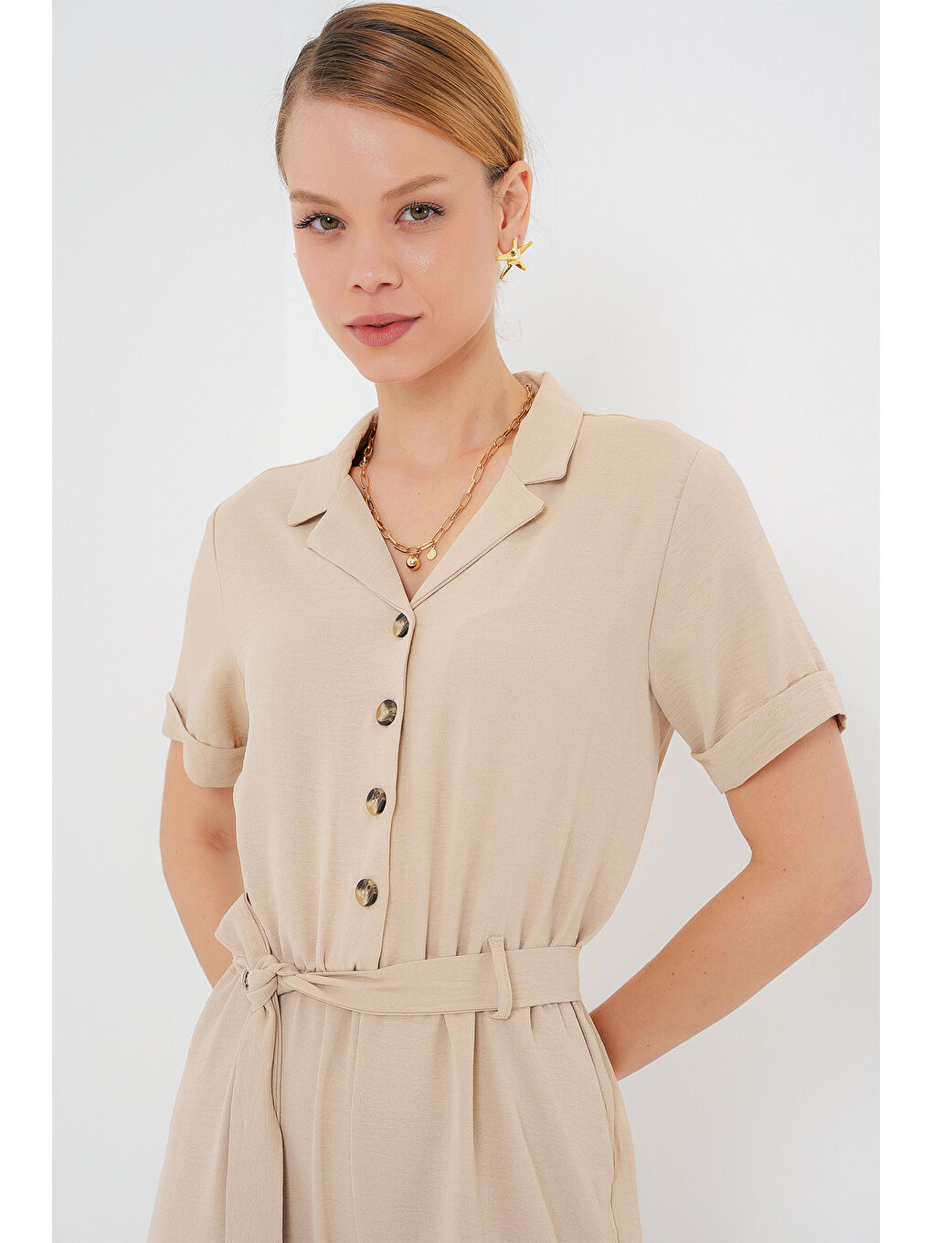 Ekru Kadın Kısa Kol Ayrobin Tulum 7030 - Krem-2