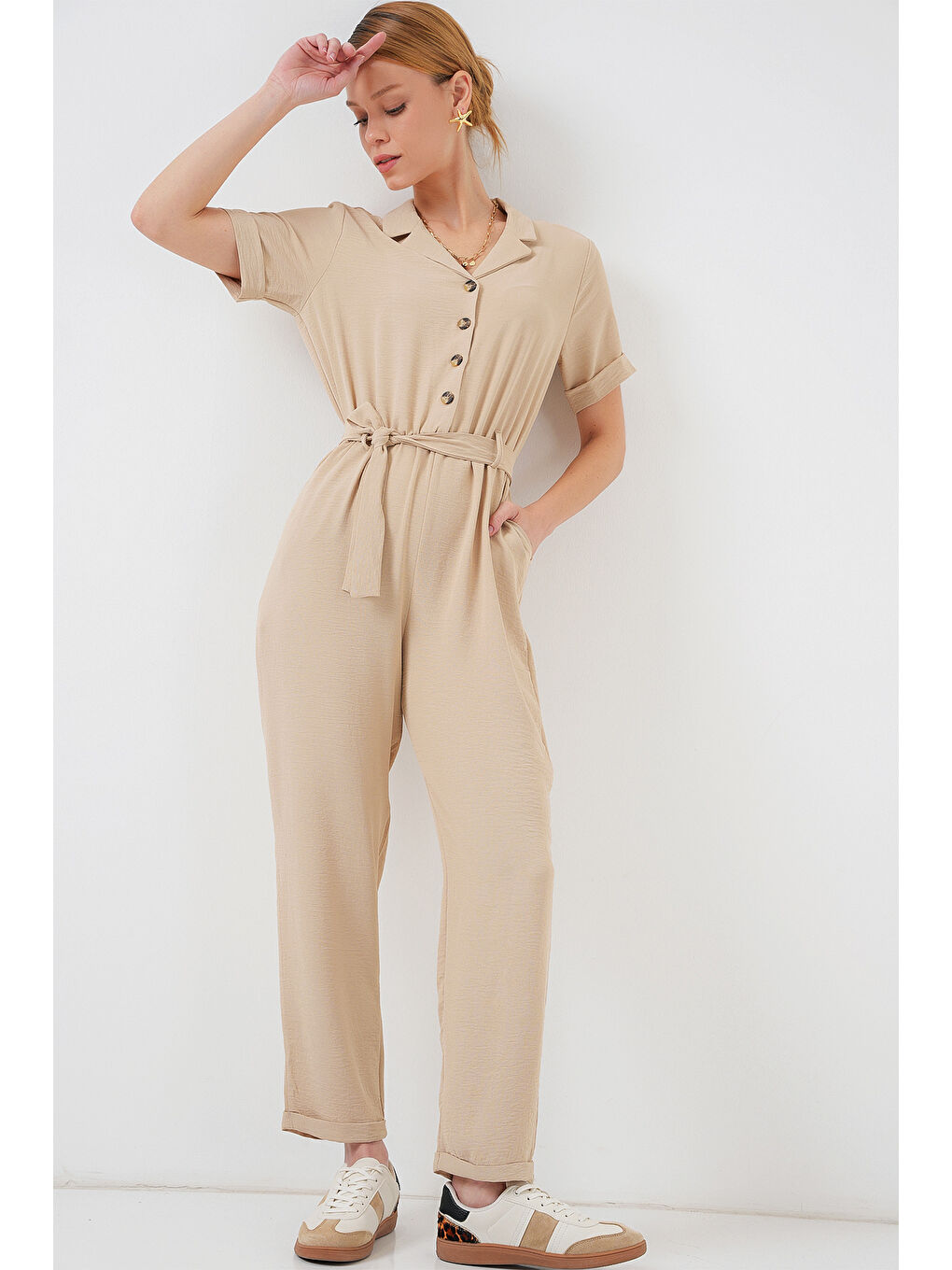 Ekru Kadın Kısa Kol Ayrobin Tulum 7030 - Krem-3