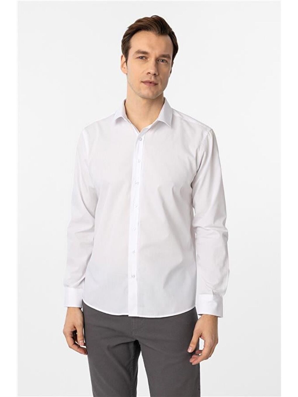Beyaz Slim Düz Klasik Yaka Gömlek-1