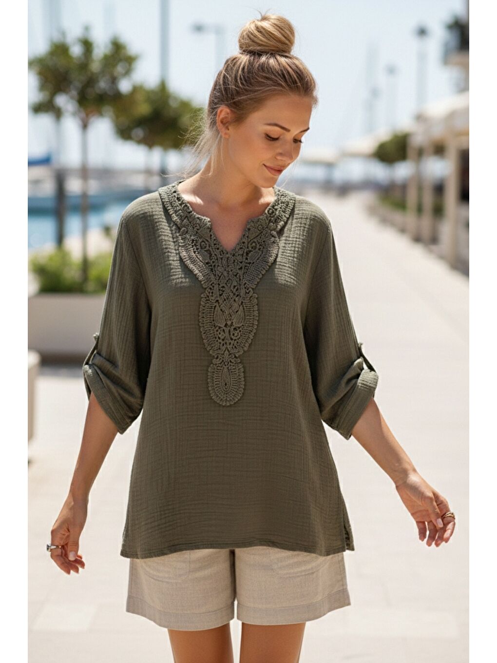 Haki Dantel Yaka Düğmeli 3/4 Kol Yıkamalı Casual Müslin Salaş Dokuma Bluz 74 65-2