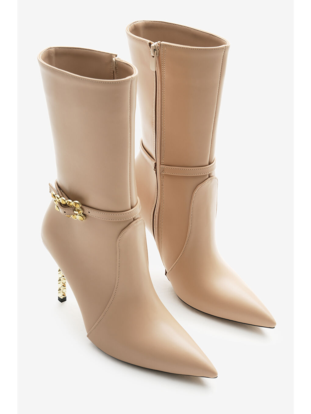 Bej Kadın Vizon Neolit Taban Tokalı Sivri Burunlu Yüksek Topuklu Bot-2