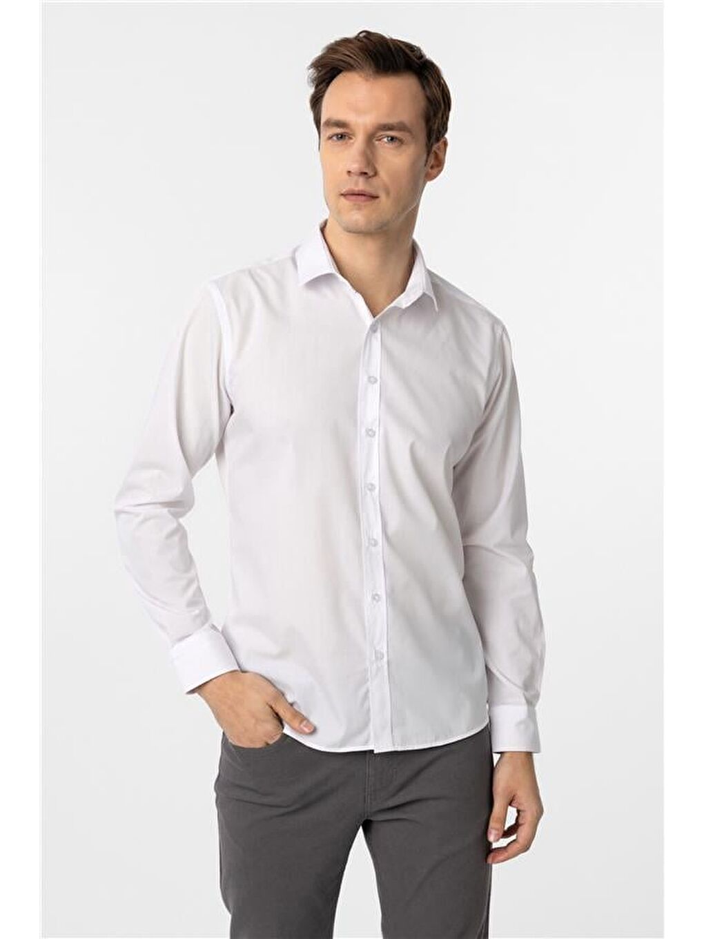 Beyaz Slim Düz Klasik Yaka Gömlek-2