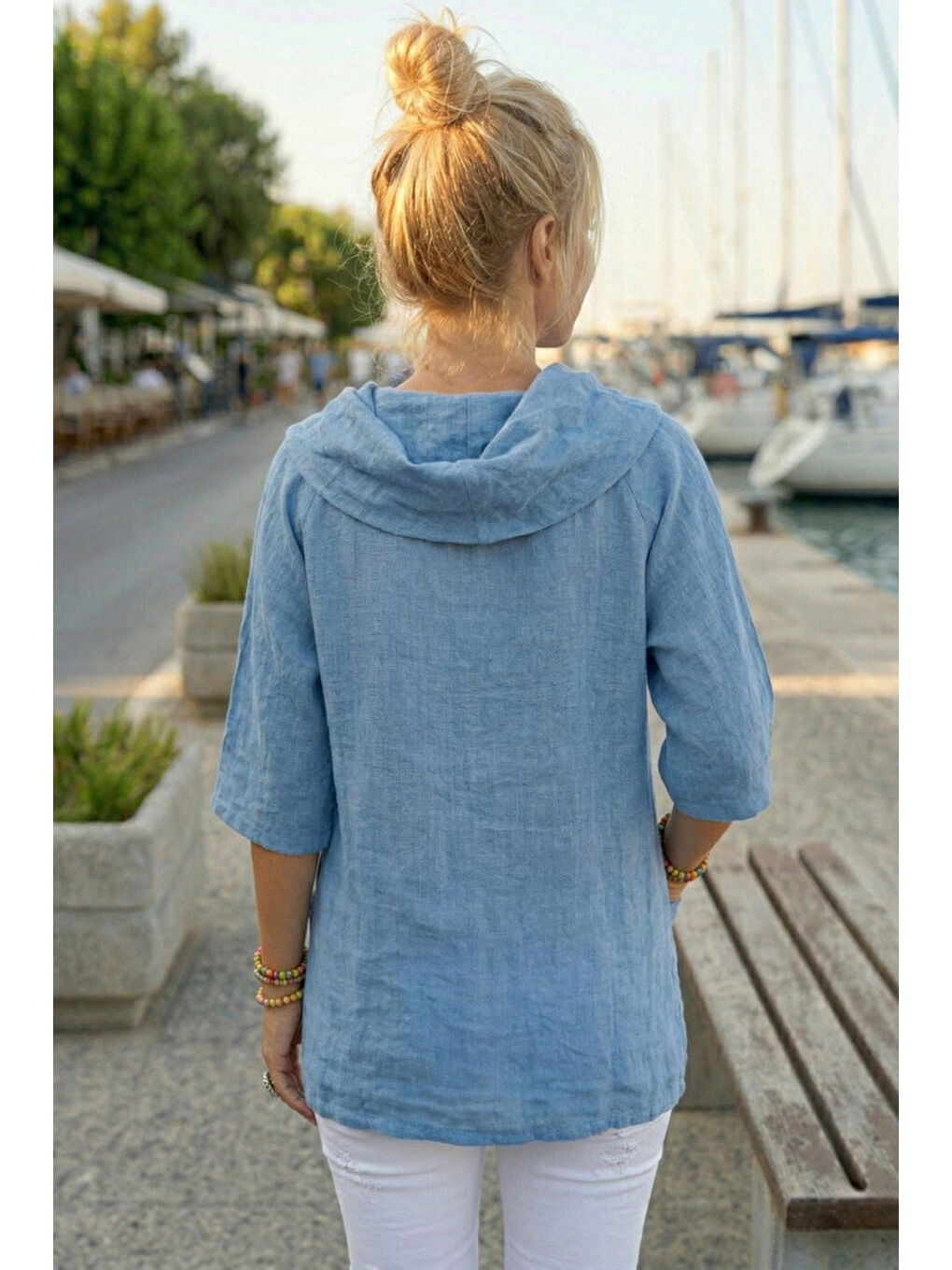 Mavi Şal Yaka Kısa Kol Çift Cepli Casual Keten Görünümlü Geniş Kesim Dokuma Bluz 65 83-4