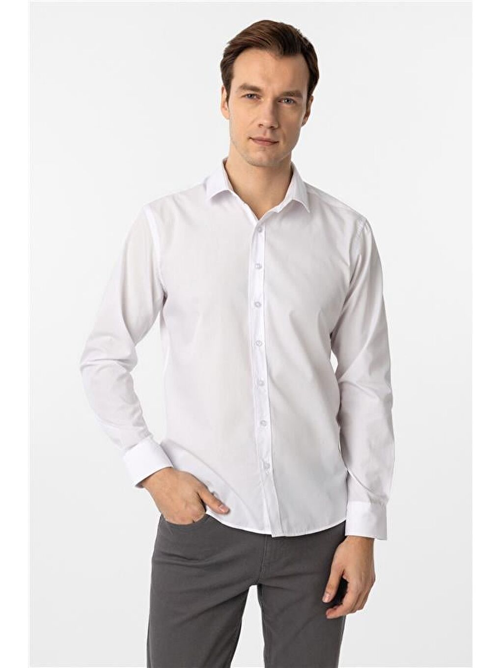 Beyaz Slim Düz Klasik Yaka Gömlek-3
