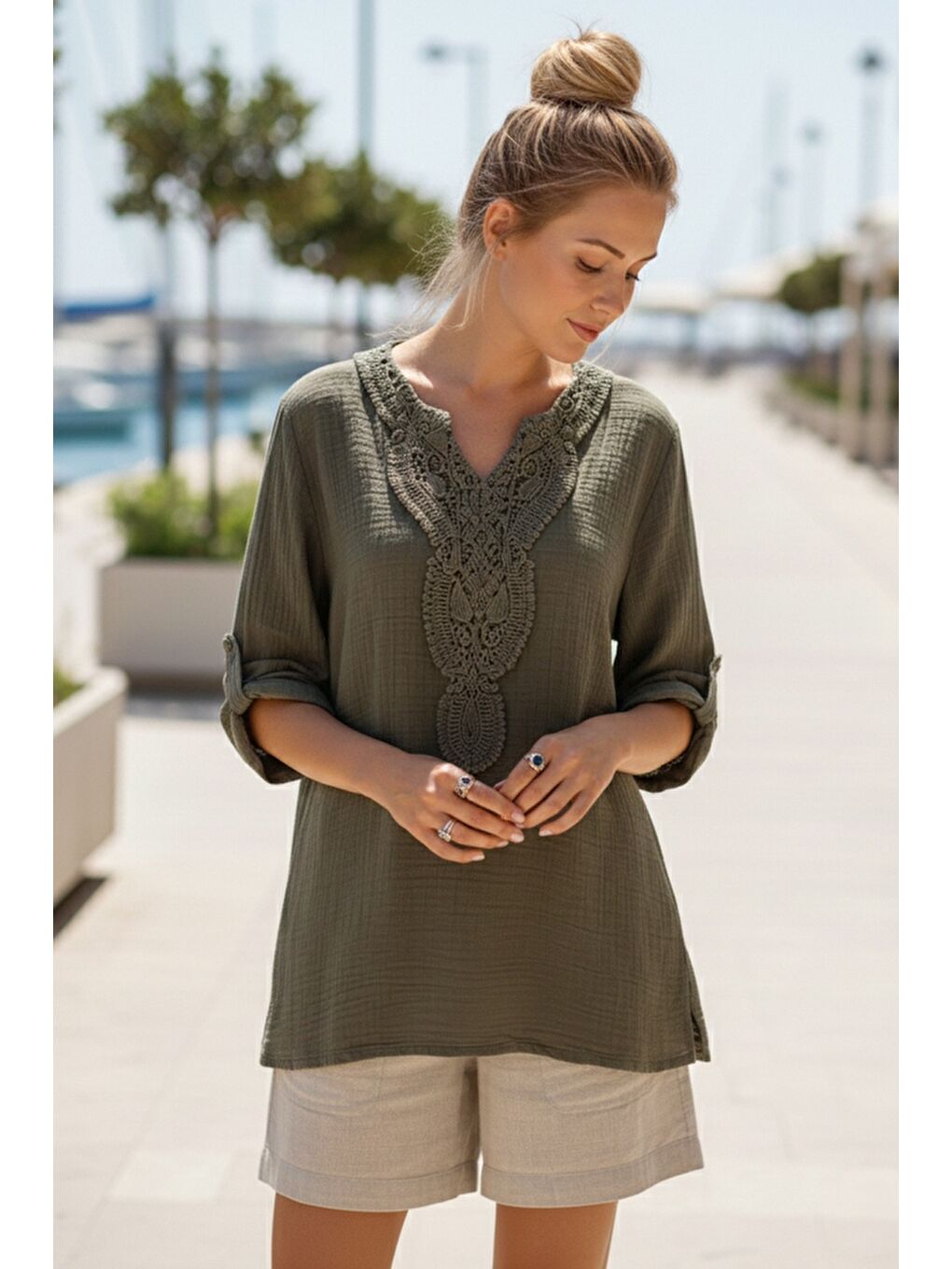 Haki Dantel Yaka Düğmeli 3/4 Kol Yıkamalı Casual Müslin Salaş Dokuma Bluz 74 65-3