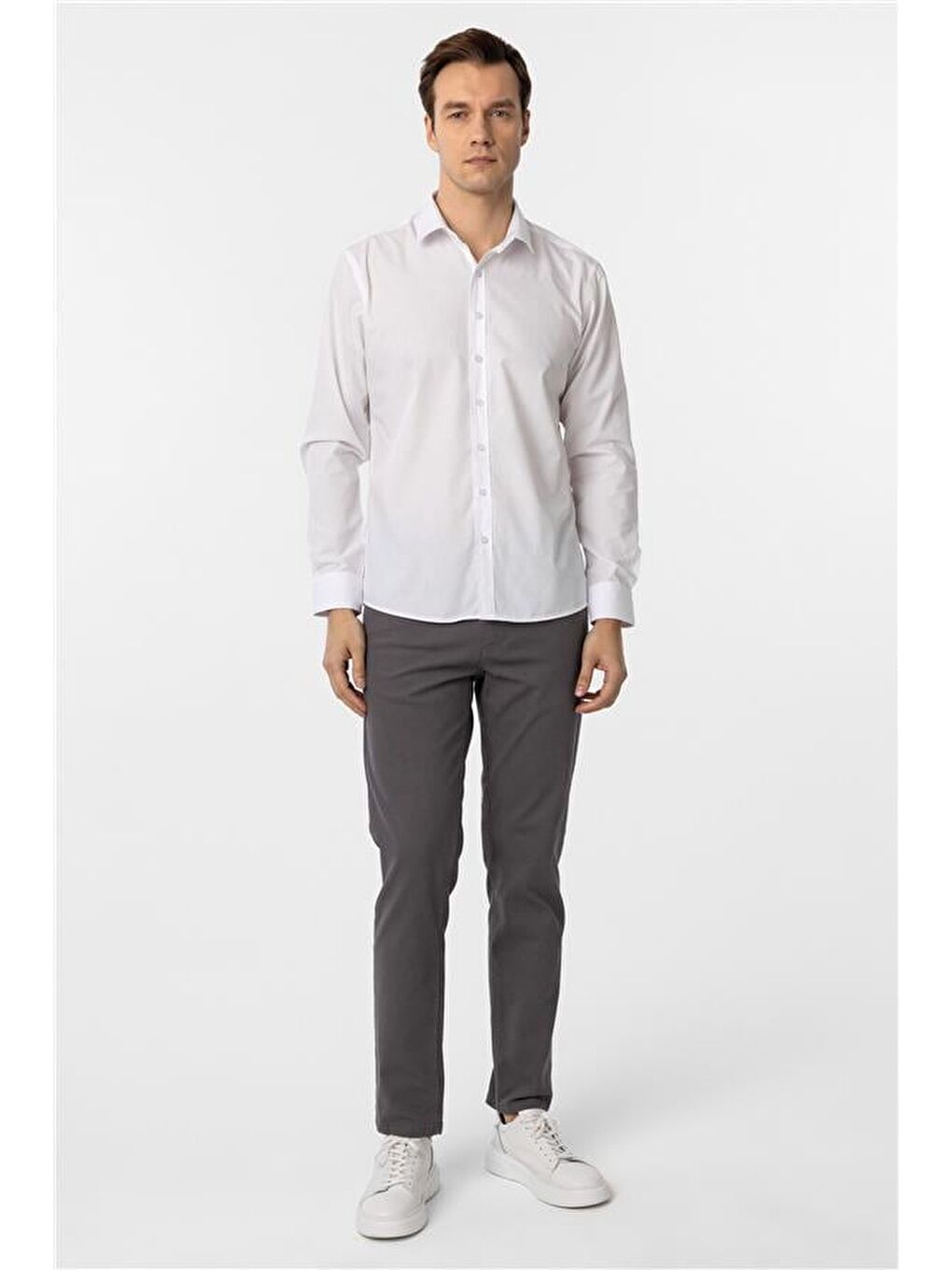 Beyaz Slim Düz Klasik Yaka Gömlek-6