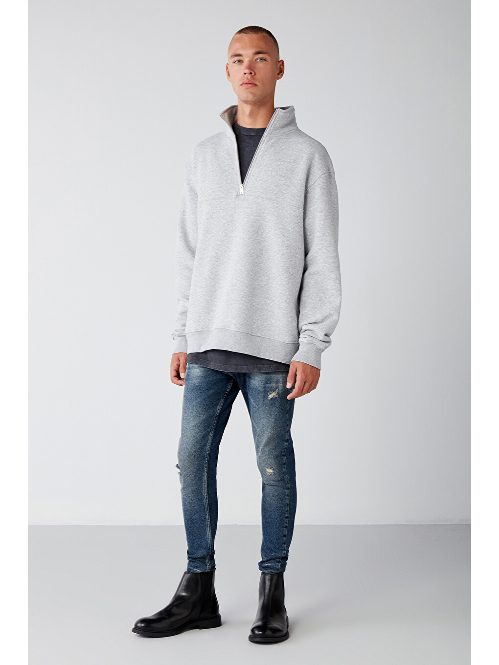 Erkek Yarım Fermuarlı Dik Yakalı Yumuşacık Kumaşlı Polarlı Regular Gri Melanj Sweatshirt-1