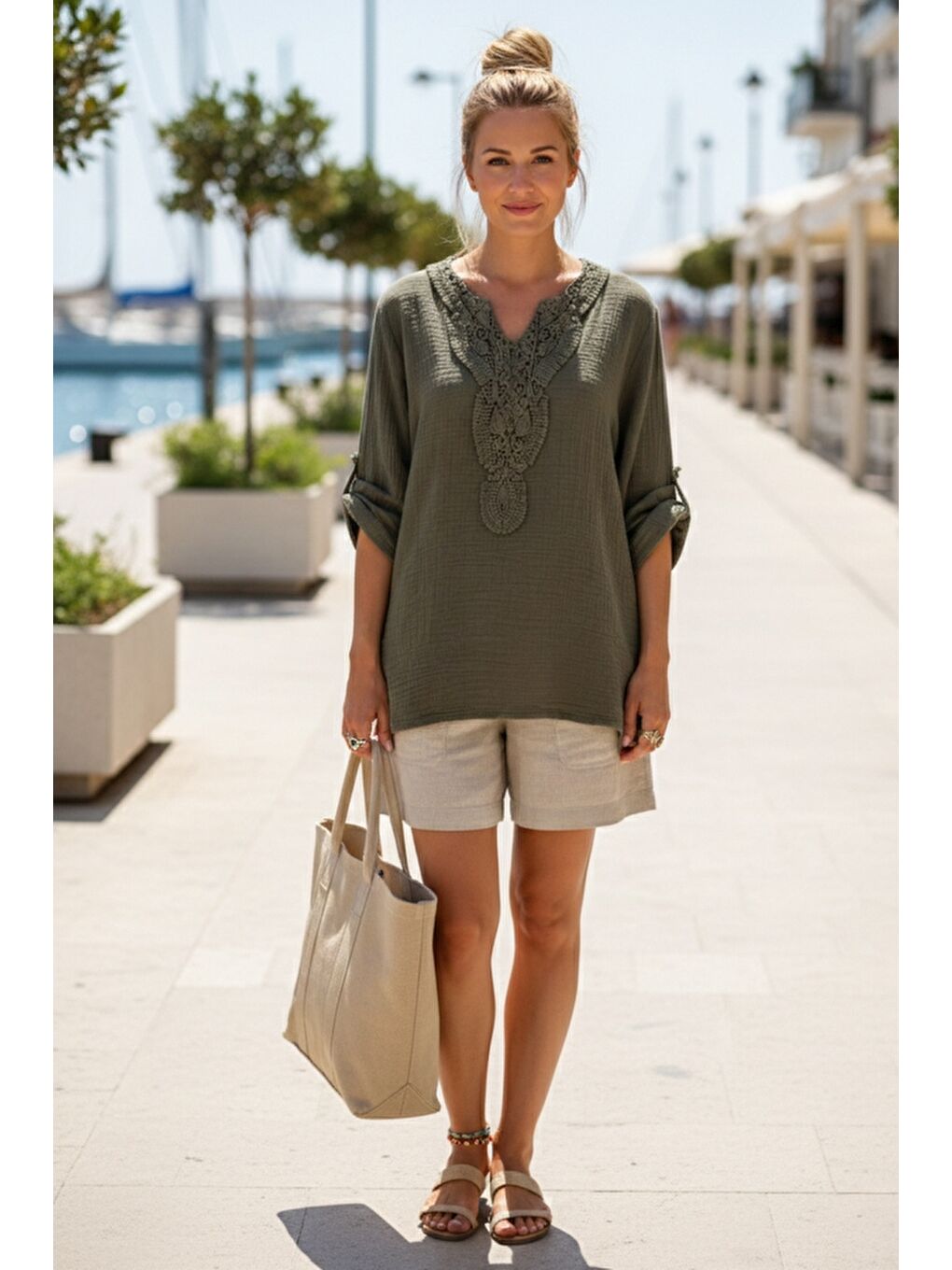 Haki Dantel Yaka Düğmeli 3/4 Kol Yıkamalı Casual Müslin Salaş Dokuma Bluz 74 65-4