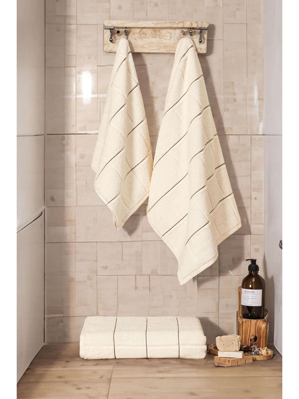 Ekru Kare Micro Pamuk Banyo Havlusu 90x150 cm Krem