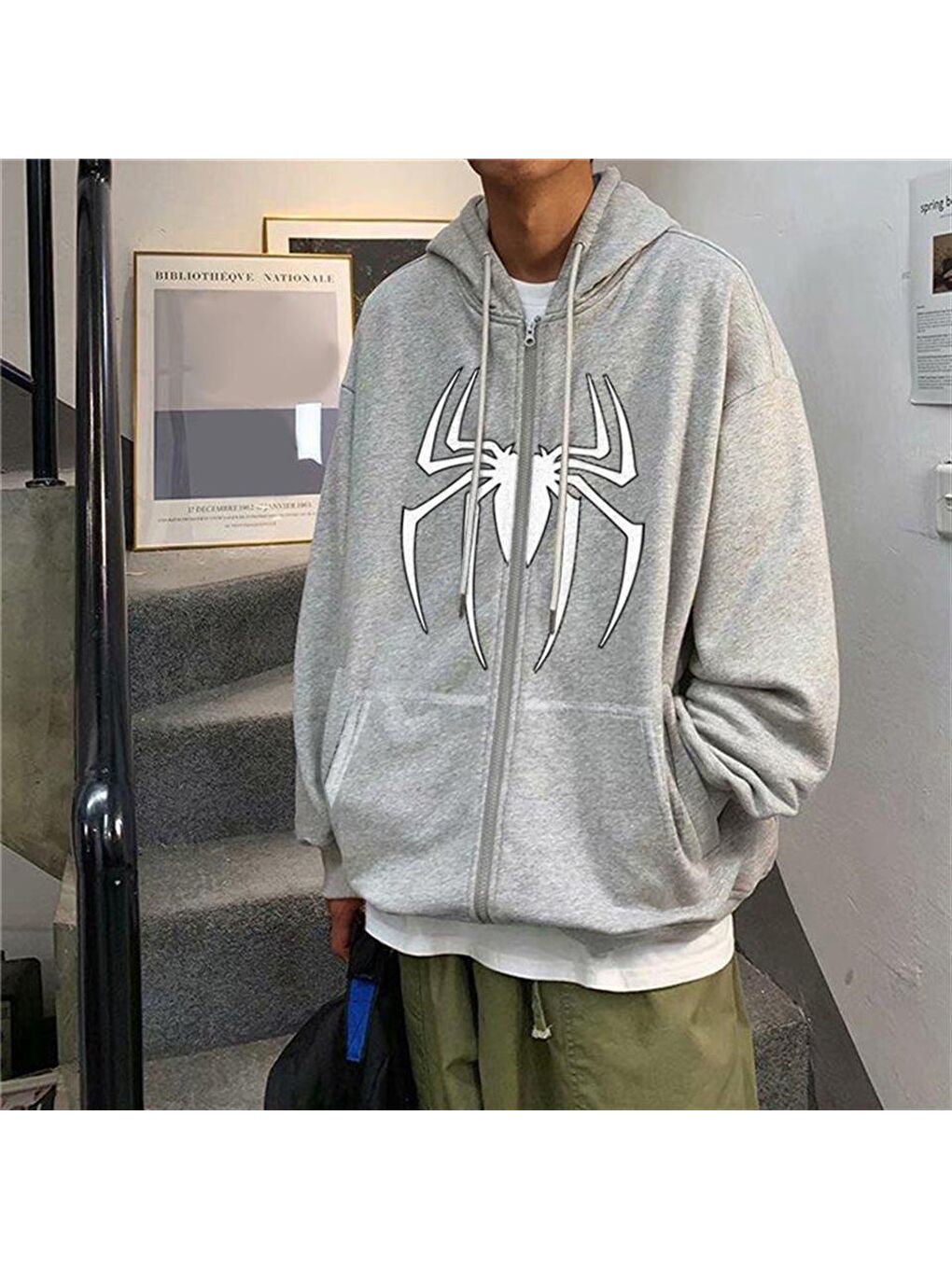 Touz Moda Gri Spider Baskılı Oversize Fermuarlı Gri Unisex Kapüşonlu Hırka