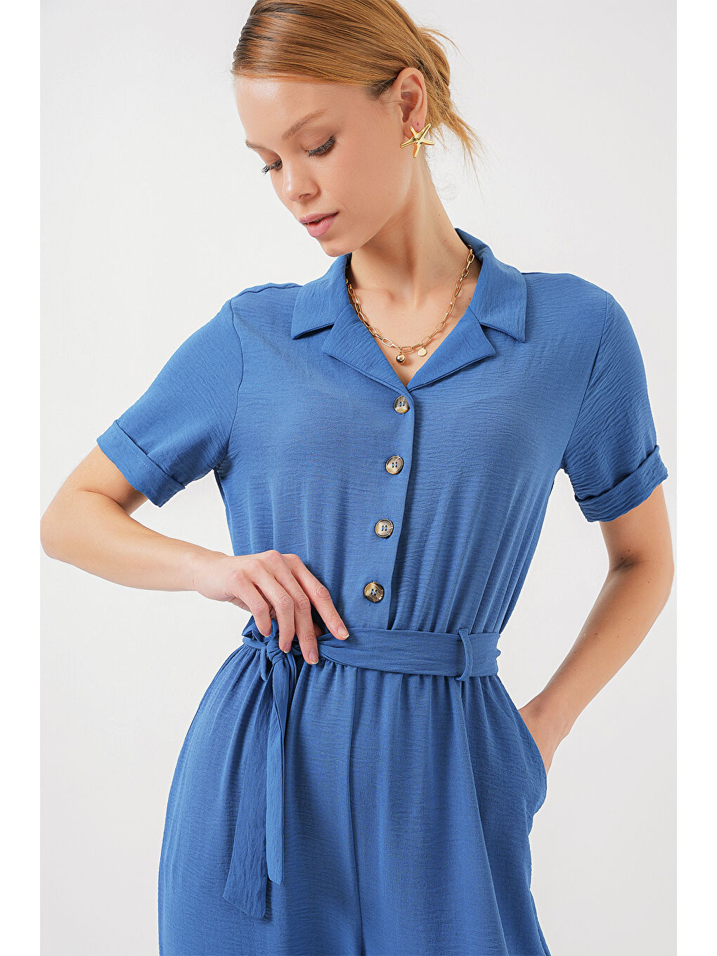 Kadın Kısa Kol Ayrobin Tulum 7030 - İndigo-3