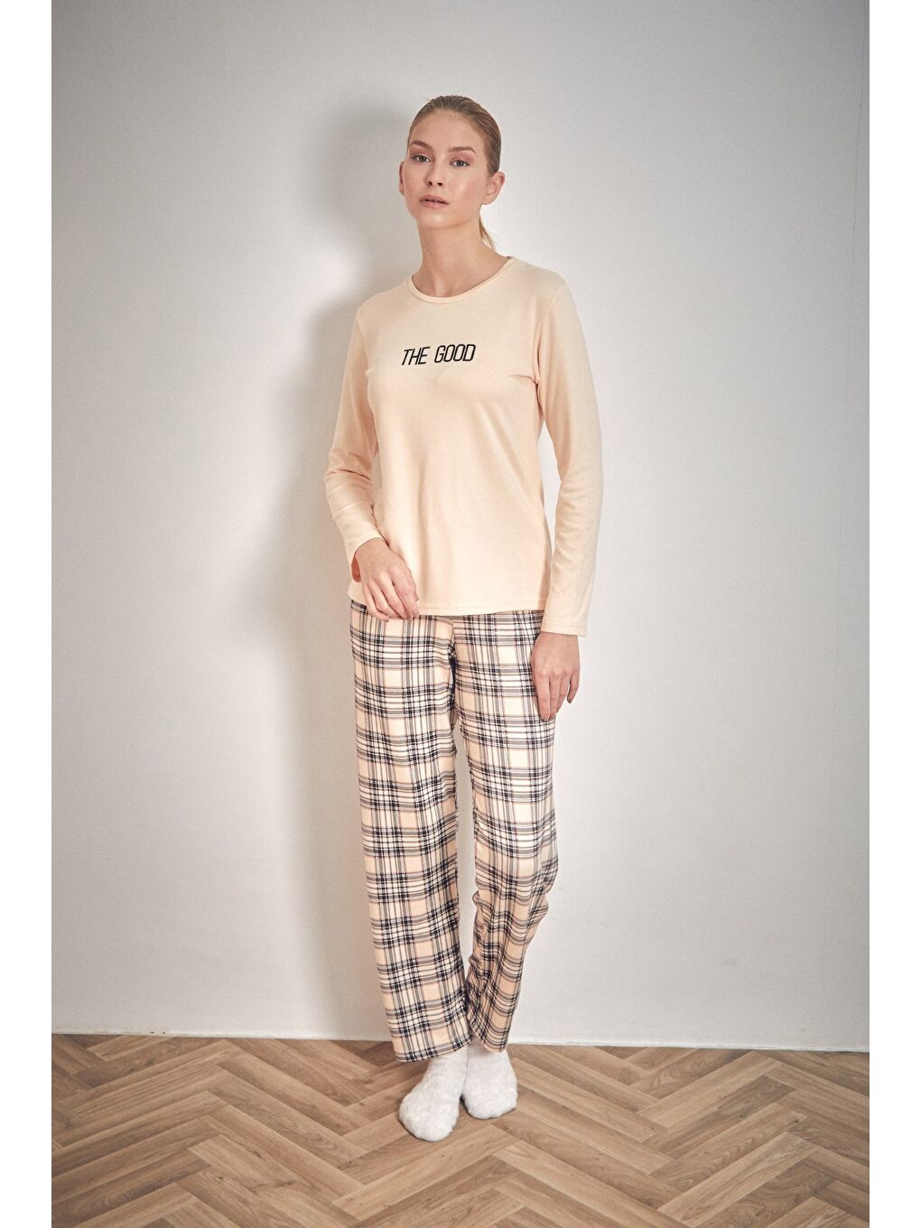 Bej The Good Yazı Baskılı Bisiklet Yaka 2'li Pijama Takımı