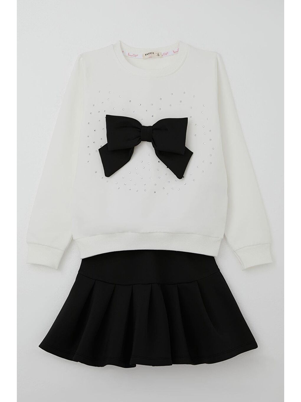 Kız Çocuk Etekli Takım Taş İşlemeli Fiyonk Aksesuarlı Beyaz (6-12 Yaş)