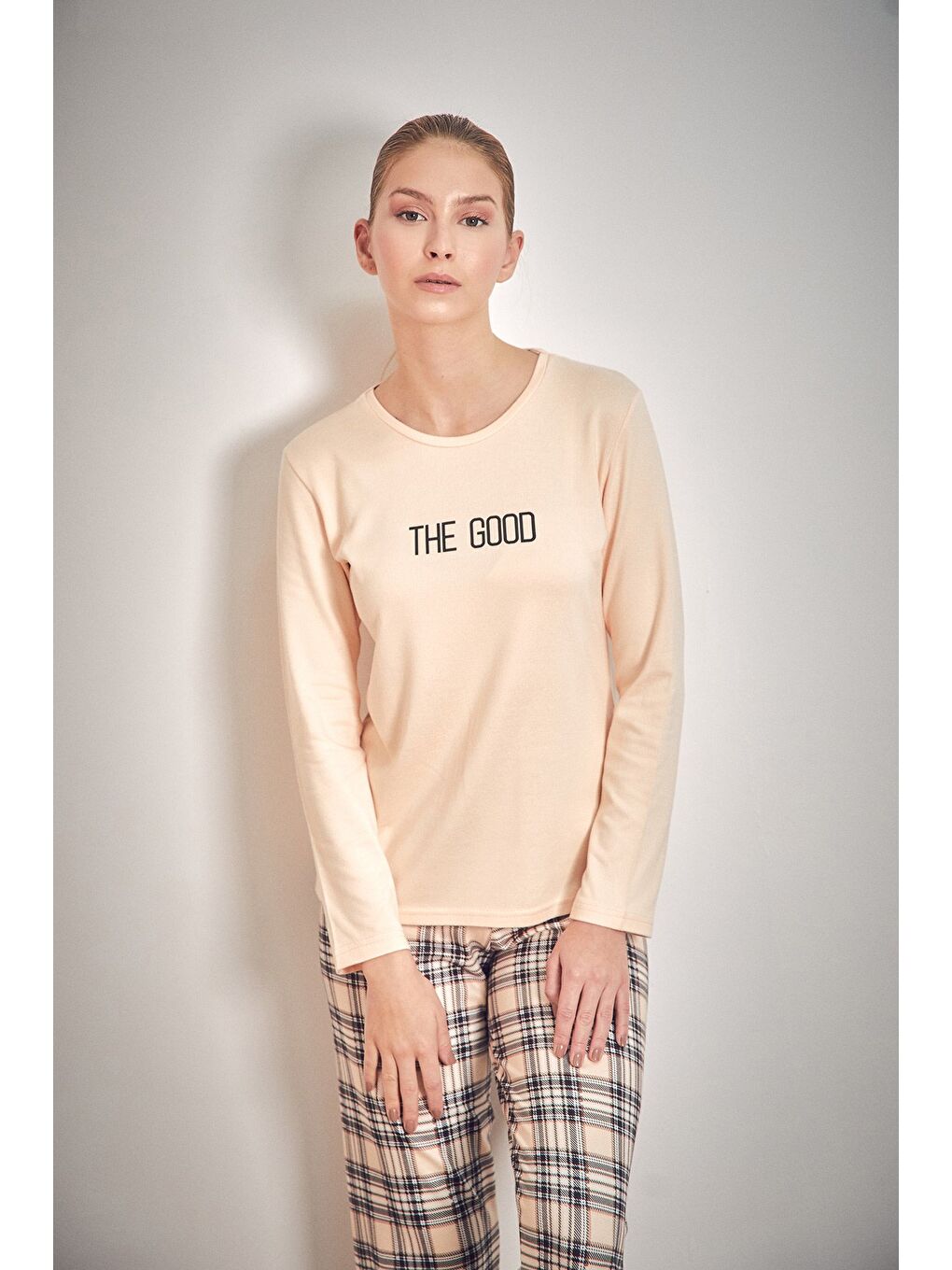 Bej The Good Yazı Baskılı Bisiklet Yaka 2'li Pijama Takımı-1