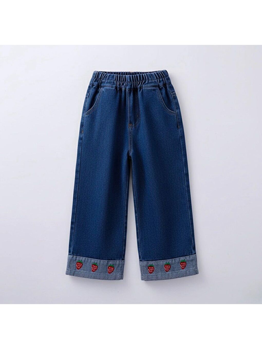Kız Çocuk Pamuklu Mavi Çilek Nakışlı Jean Pantolon - Lastik Belli Bol Paça Model-1
