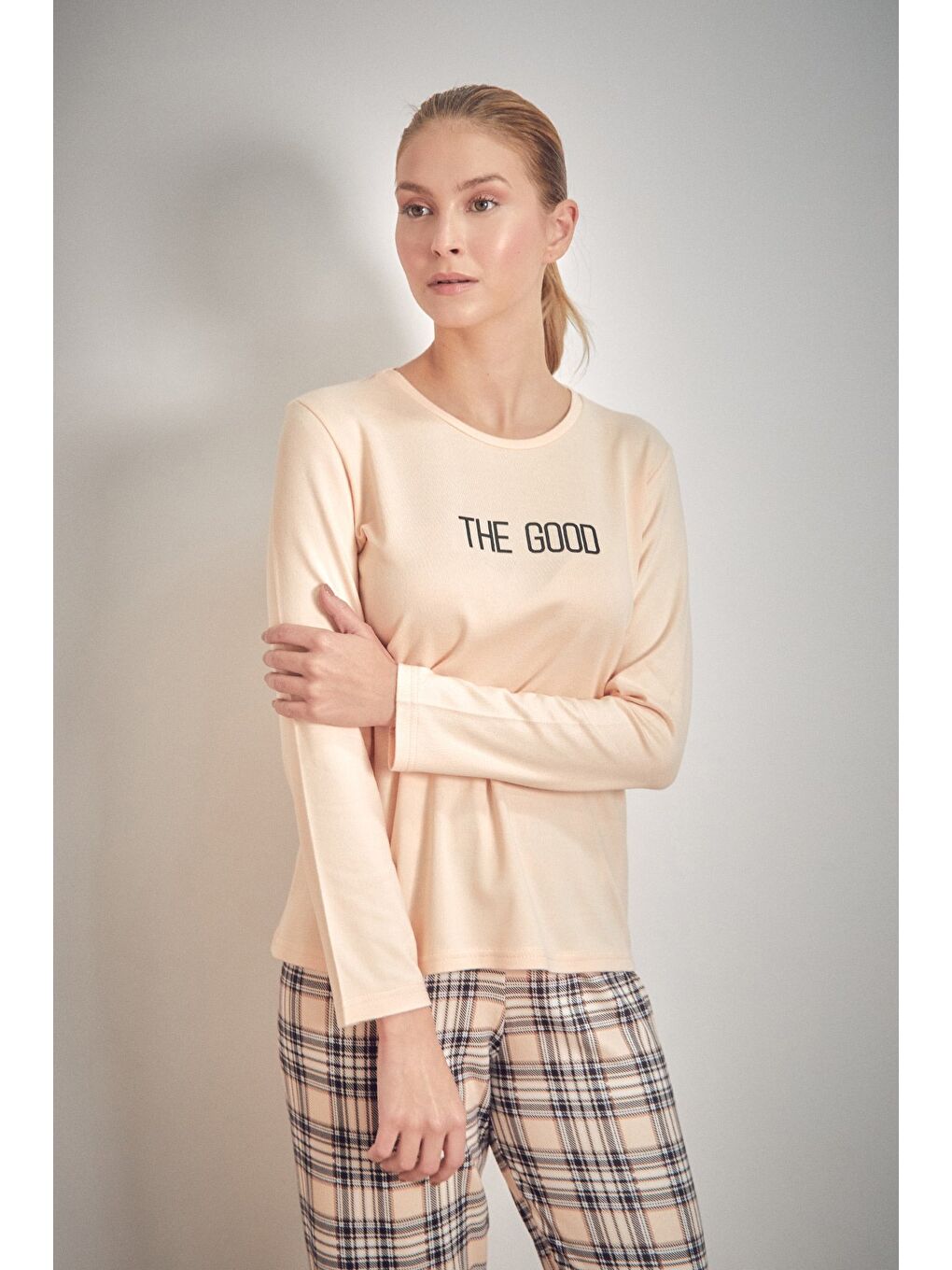 Bej The Good Yazı Baskılı Bisiklet Yaka 2'li Pijama Takımı-2