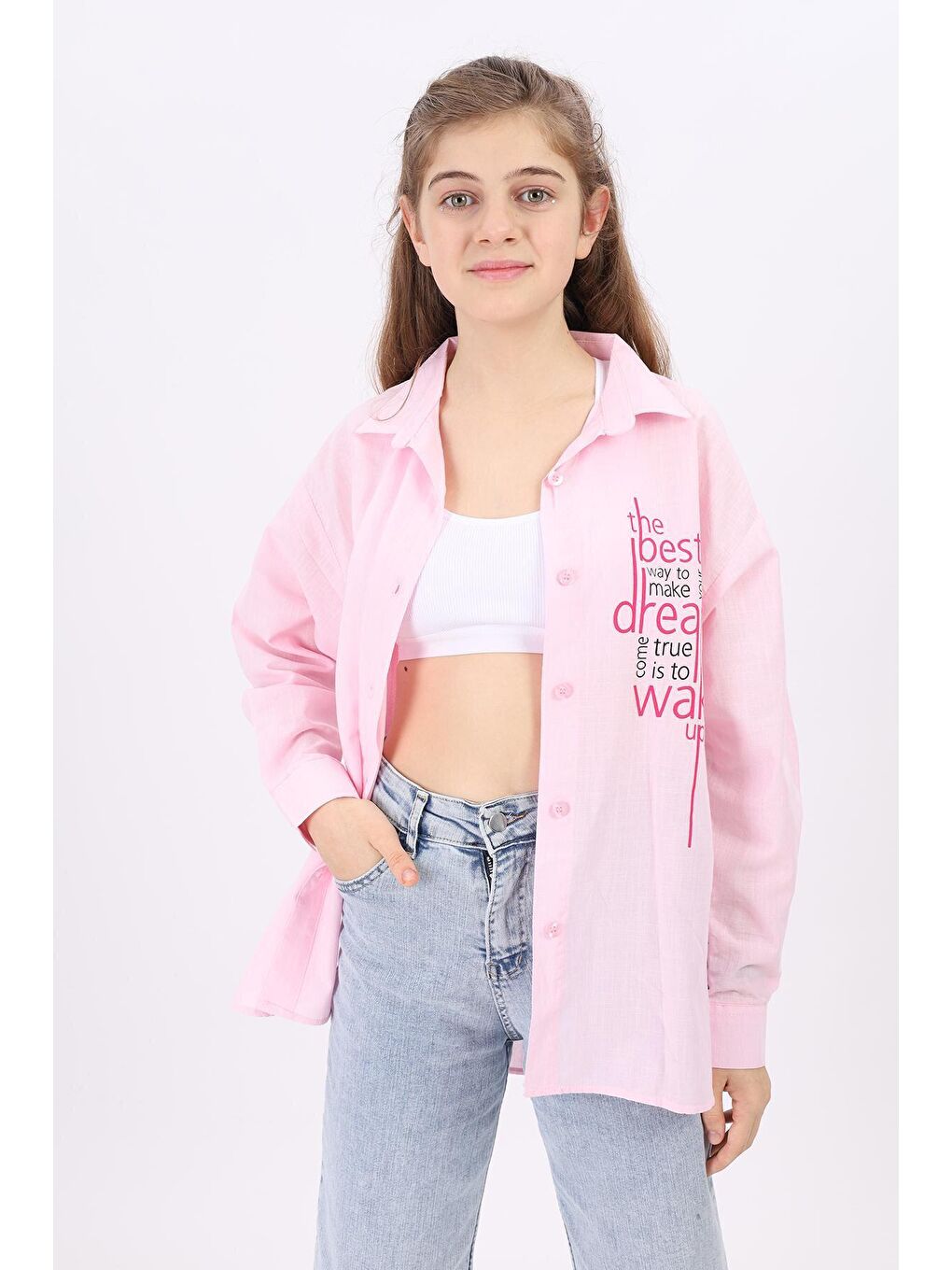 Pembe Kız Çocuk Yazı Baskılı Gömlek 9-14 Yaş Lx181