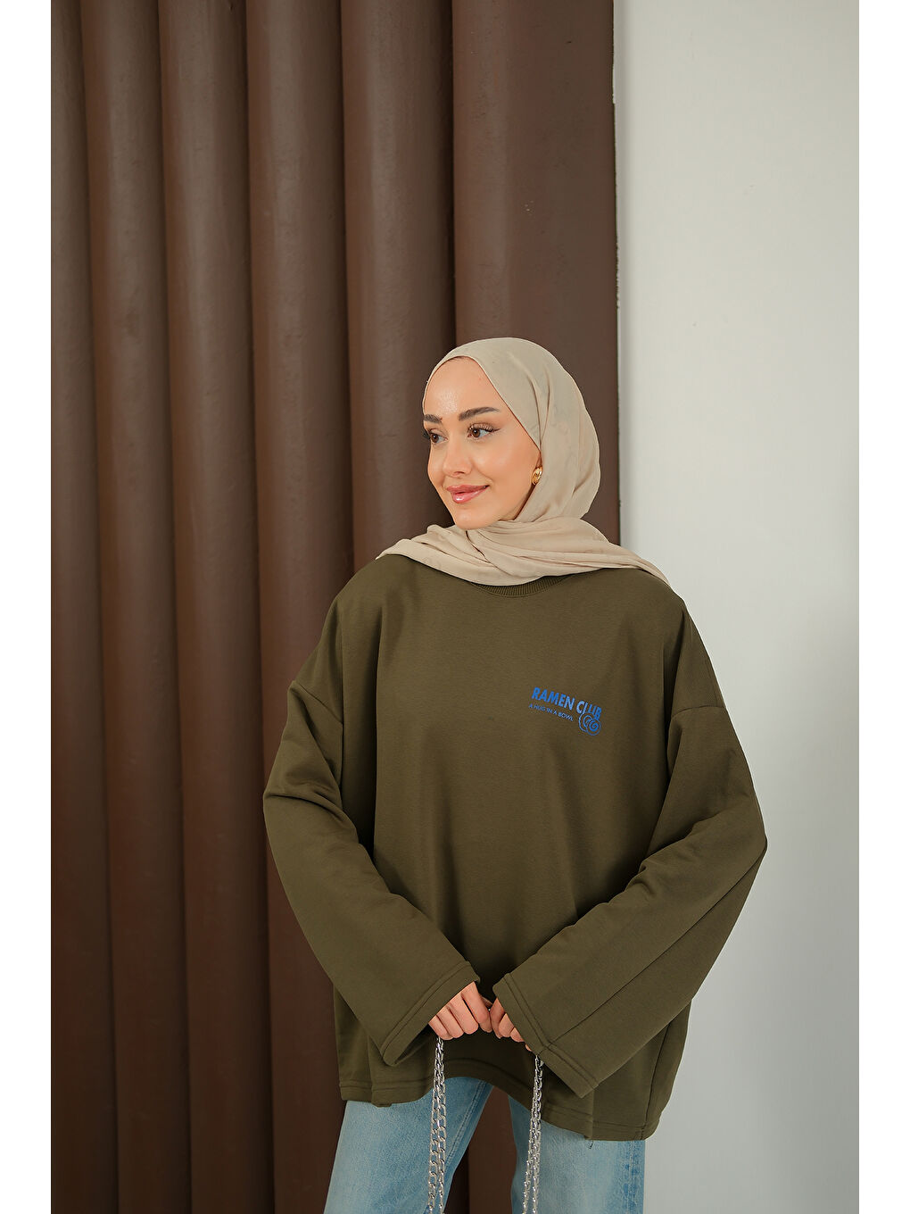 Kadın Ön Ve Arka Yazı Baskılı Sweat Haki Yeşil-1
