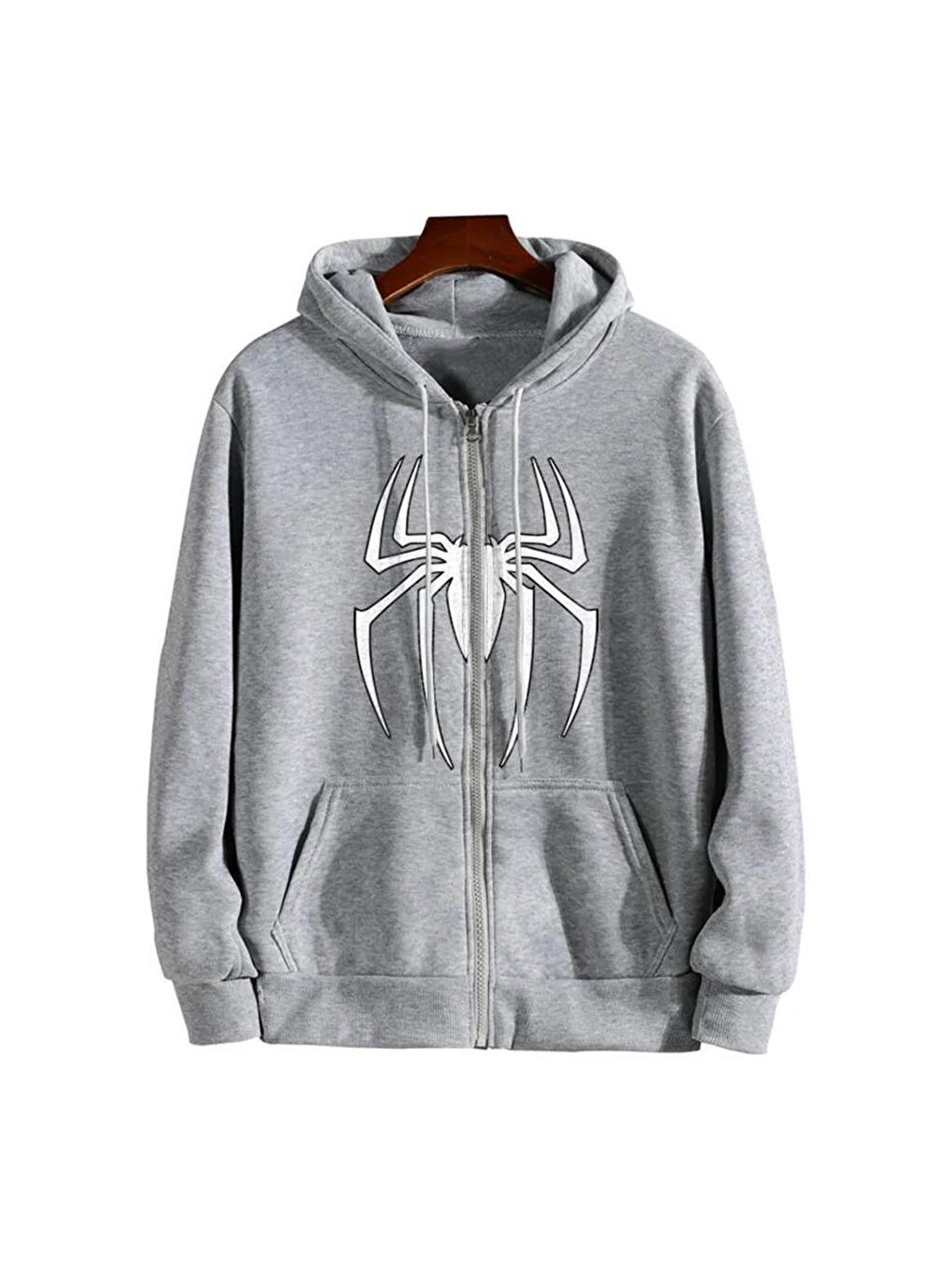 Touz Moda Gri Spider Baskılı Oversize Fermuarlı Gri Unisex Kapüşonlu Hırka - 1