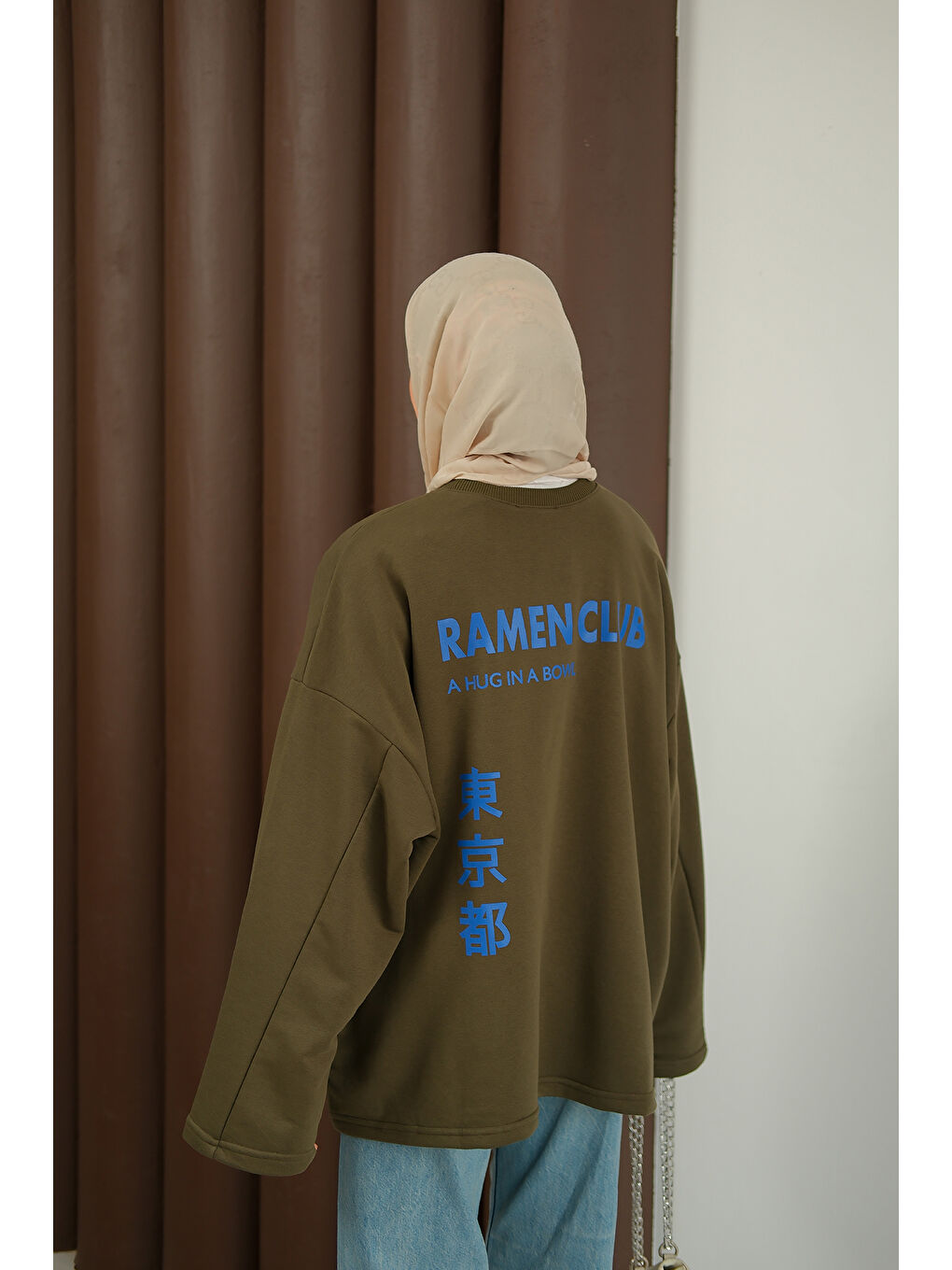 Kadın Ön Ve Arka Yazı Baskılı Sweat Haki Yeşil-2