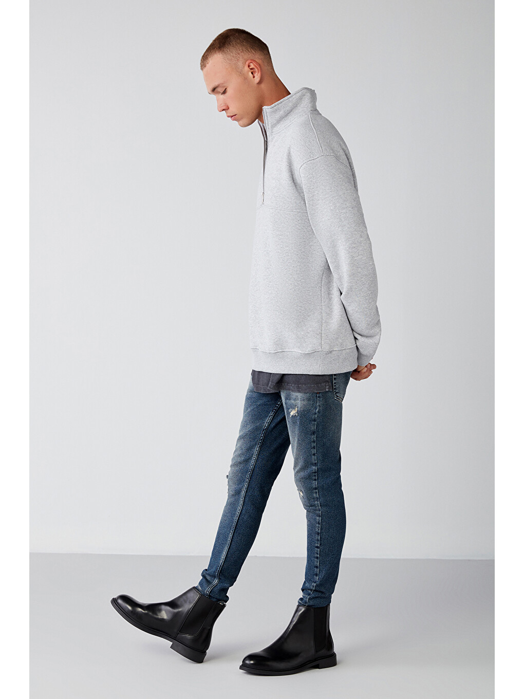 Erkek Yarım Fermuarlı Dik Yakalı Yumuşacık Kumaşlı Polarlı Regular Gri Melanj Sweatshirt-2