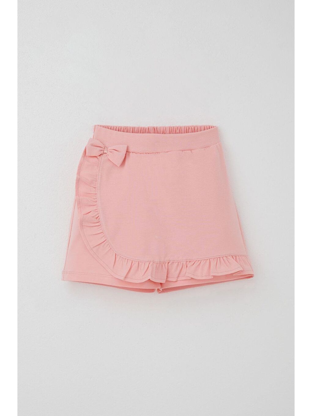 Pembe Kız Çocuk Şort Etek Fiyonk Aksesuarlı Fırfırlı Somon (6-10 Yaş)