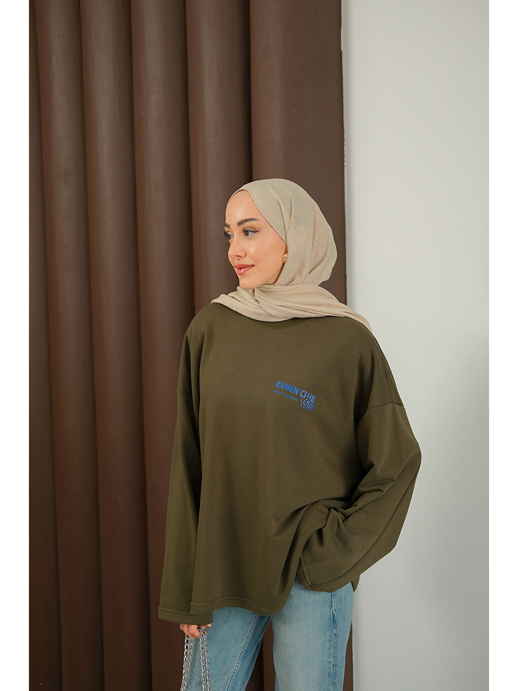 Kadın Ön Ve Arka Yazı Baskılı Sweat Haki Yeşil-4
