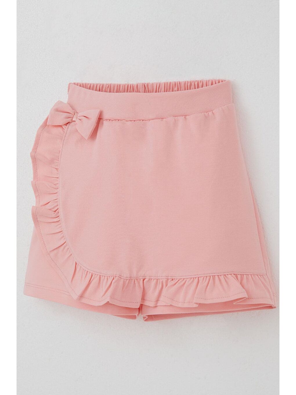 Pembe Kız Çocuk Şort Etek Fiyonk Aksesuarlı Fırfırlı Somon (6-10 Yaş)-2