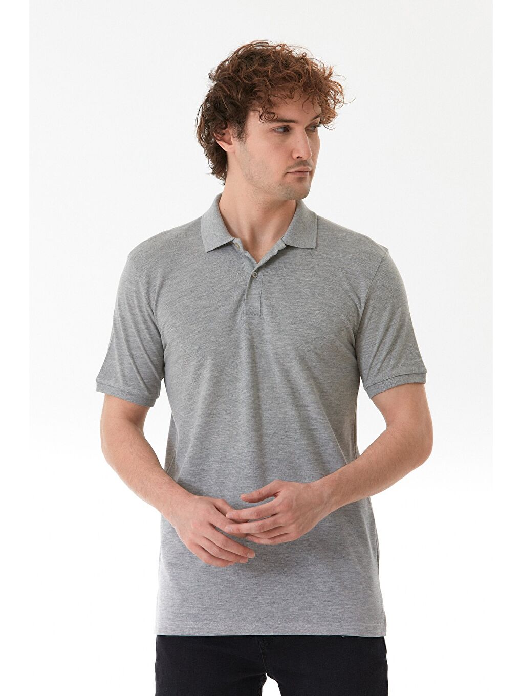 Gri Basic Polo Yaka Yarım Düğmeli Tişört-1
