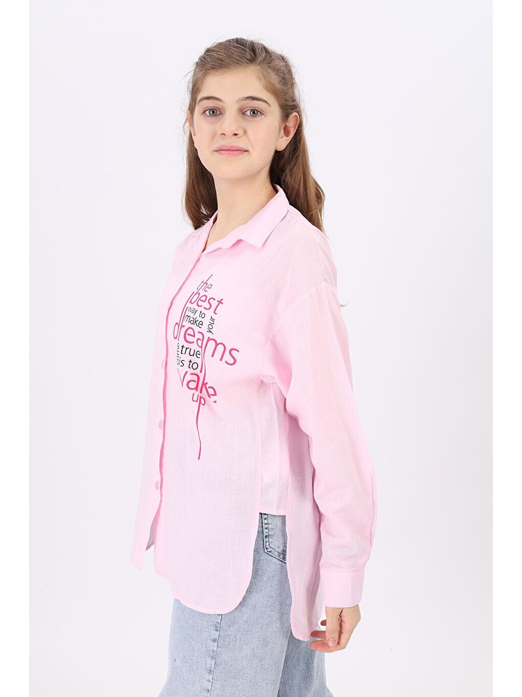 Pembe Kız Çocuk Yazı Baskılı Gömlek 9-14 Yaş Lx181-1