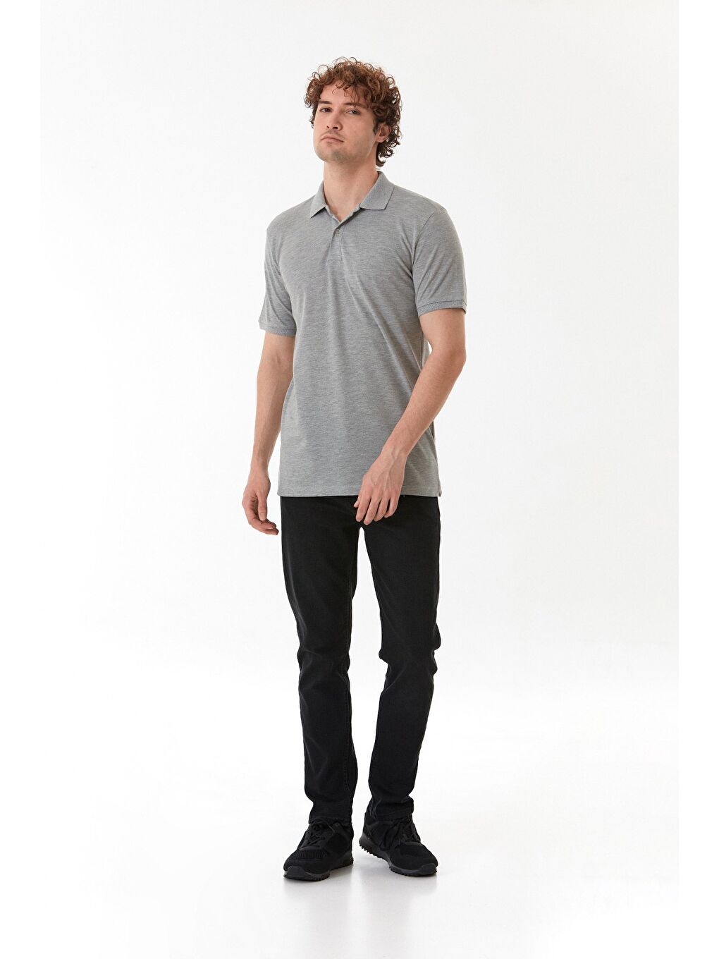 Gri Basic Polo Yaka Yarım Düğmeli Tişört-2