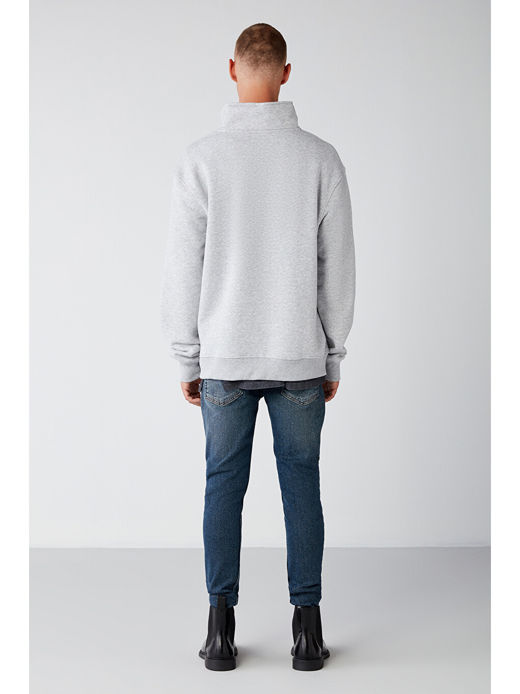 Erkek Yarım Fermuarlı Dik Yakalı Yumuşacık Kumaşlı Polarlı Regular Gri Melanj Sweatshirt-3