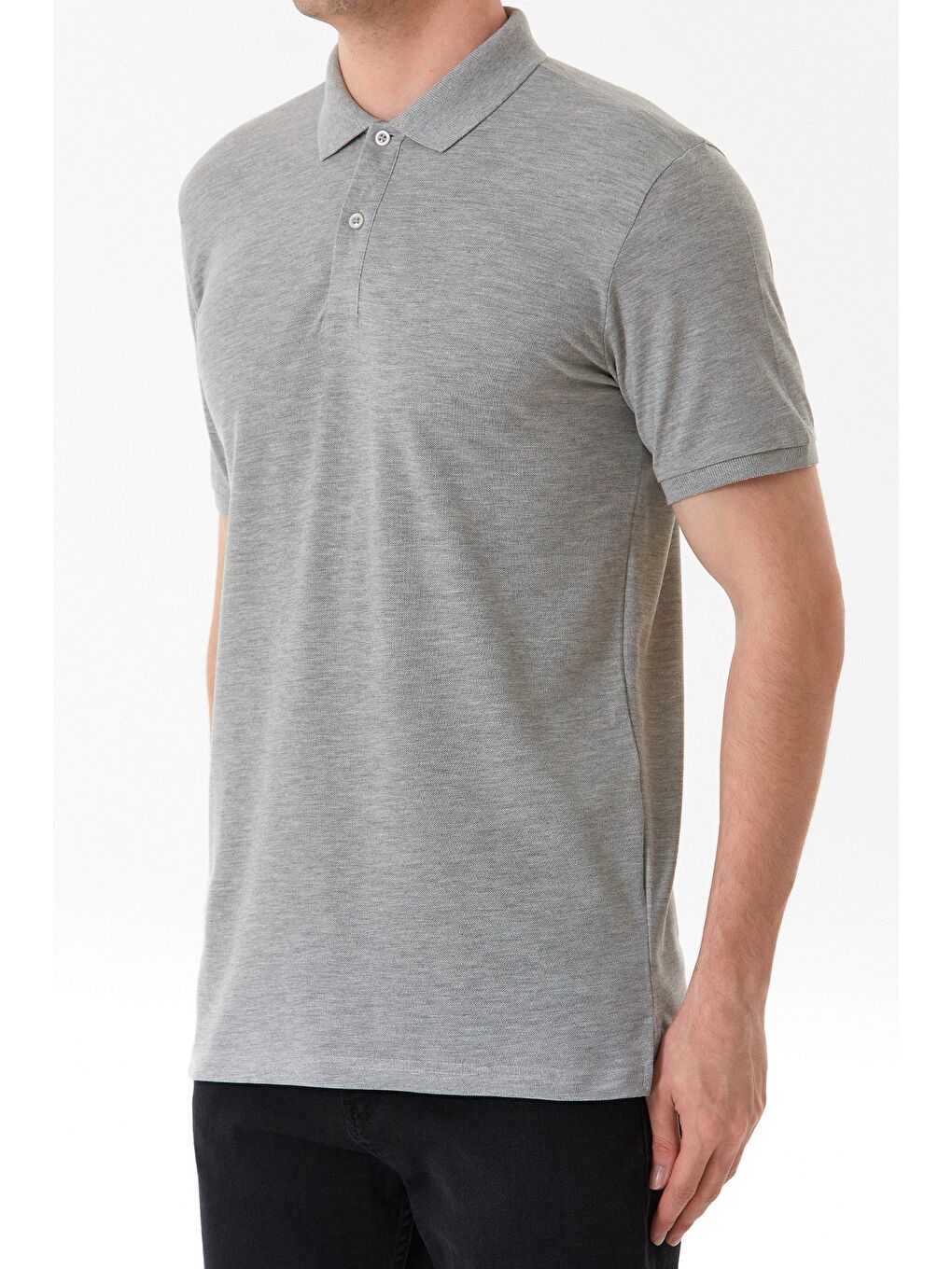 Gri Basic Polo Yaka Yarım Düğmeli Tişört-4