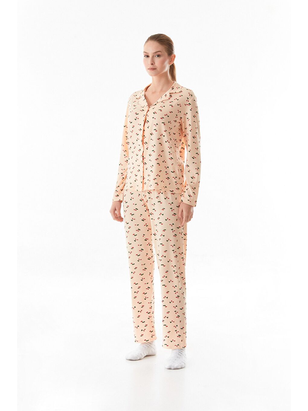 Bej Kiraz Desenli Gömlek Yaka 2'li Pijama Takımı-2