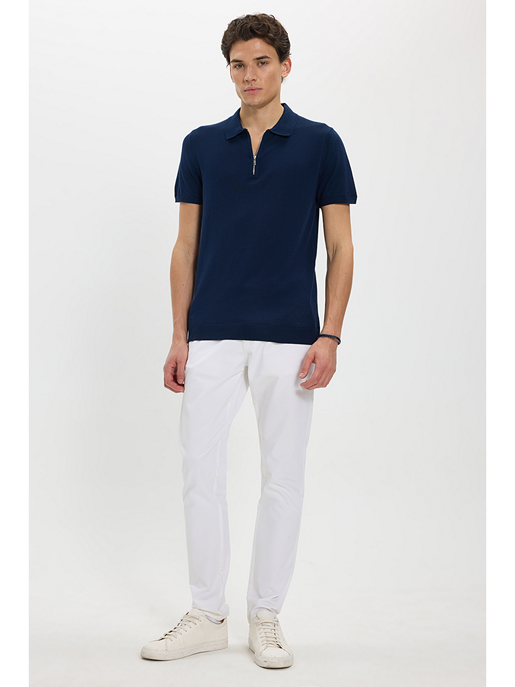 Erkek Slim Fit Dar Kesim Pamuklu Örme Triko Fermuarlı Lacivert Polo Yaka Tişört-1