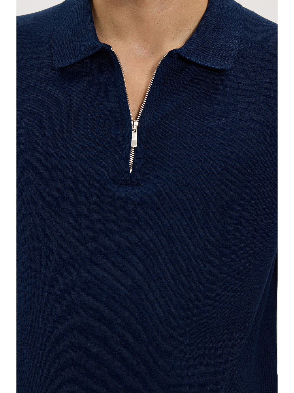 Erkek Slim Fit Dar Kesim Pamuklu Örme Triko Fermuarlı Lacivert Polo Yaka Tişört-3